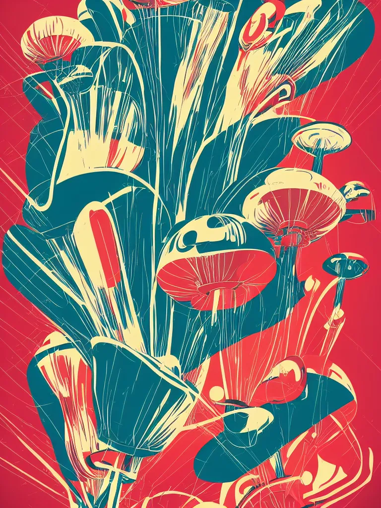 Prompt: vector graphic HD Art Deco styled poster of Retro futuristic mushroom 4k, artstation