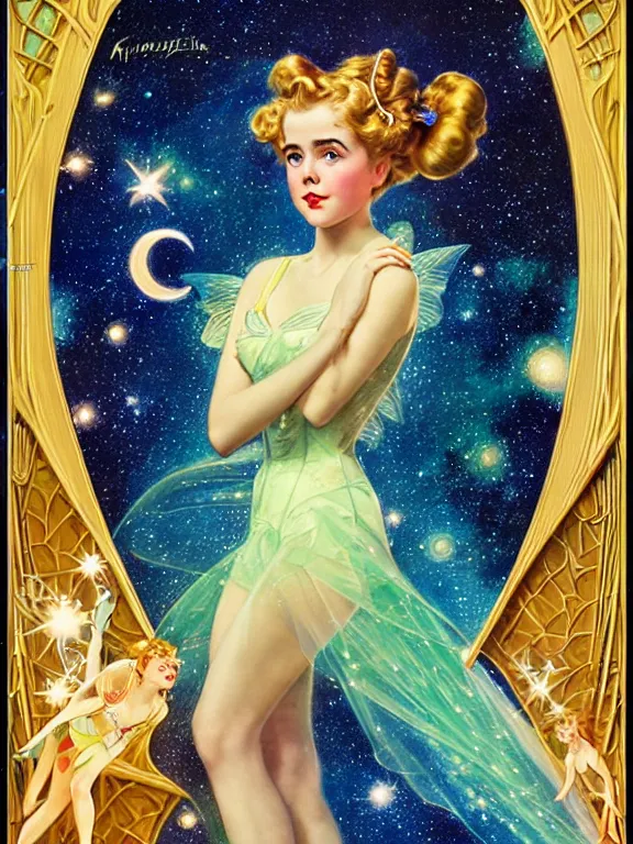 Image similar to kiernan shipka as tinkerbell glowing, a beautiful art nouveau portrait by Gil elvgren and Hajime Sorayama, moonlit starry sky environment, centered composition, defined features, golden ratio, gold jewlery, photorealistic professionals lighting, cinematic, sheer