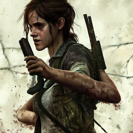 Image similar to TLOU The Last Of Us Screenshot emma watson as ellie from The Last Of Us full body fashion model emma watson by Richard Schmid by Jeremy Lipking by moebius by atey ghailan very rusty very worn out very torn texture