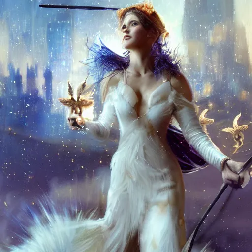 Image similar to hyperrealistic portrait of a woman flying a broom above a bladedrunner city among cats as fireflies wearing white swan dress long feathers and sapphire jewellery by jeremy mann and alphonse mucha, fantasy art, photo realistic, dynamic lighting, artstation, poster, volumetric lighting, very detailed faces, 4 k, award winning