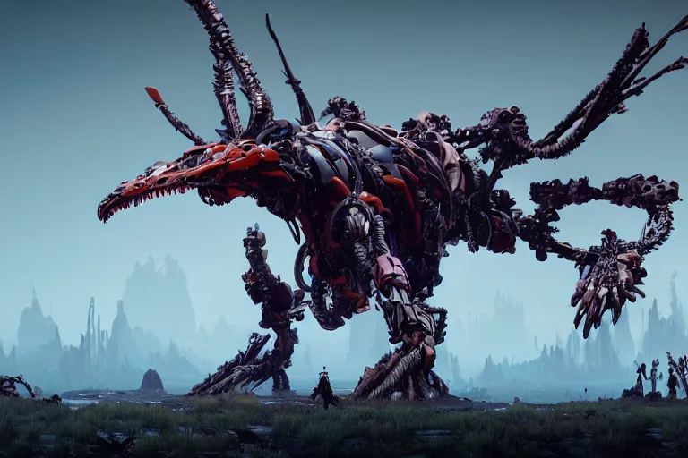 Image similar to wide epic shot. a hyper detailed bristleback evangelion realistic mechanical and organic creature similar look as horizon forbidden west horizon zero dawn, bioluminiscence in a dark deep forest at dawn in spring, with reflection and textures, by kilian eng, substance painter reaslitic mech surface metal painted scratches, world env from horizon forbidden west horizon zero dawn