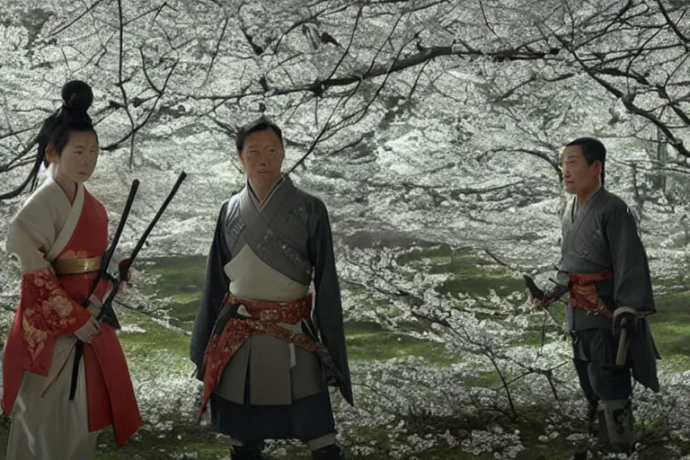 Image similar to vfx movie scene closeup japanese warrior couple, stand off, holding swords, in cherry blossom forest, natural lighting by emmanuel lubezki