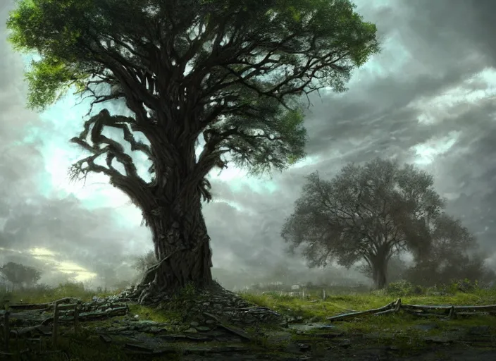 Image similar to oak tree growing in the ruins of a city, post - apocalypse wasteland, gray dull background, colorful green leaves, hyperrealistic, very detailed leaves, sharp focus, highly detailed, cinematic, ray of golden sunlight, digital art, soft lightning, muted colors, cgssociety, artstation, oil painting by greg rutkowski, by artgerm, by wlop