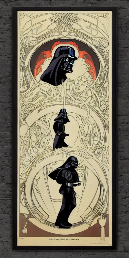 Prompt: Darth Vader helmet , elegant art nouveau poster by Alphonse Mucha