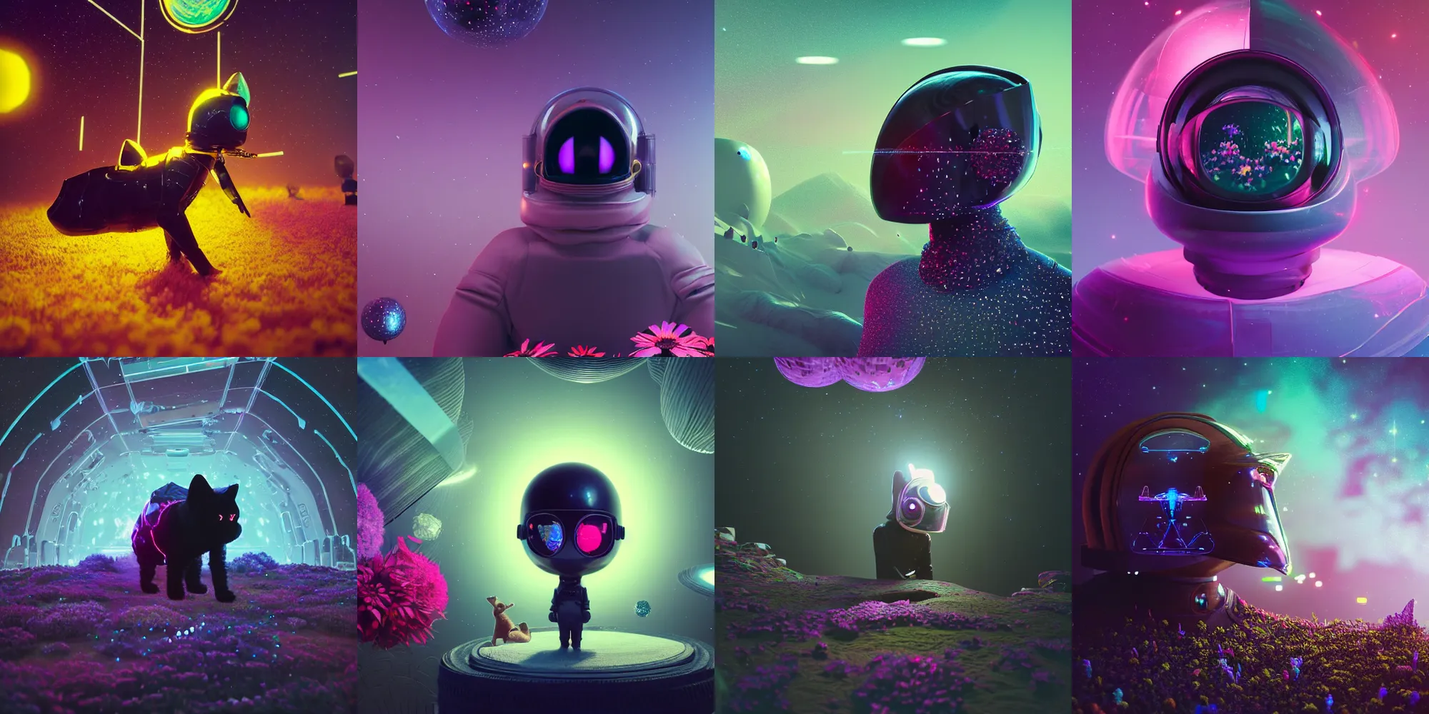 Prompt: beautiful dark landscape, black cat wearing space helmet, beautiful flowers and crystals, in the style of beeple and mike winkelmann, intricate, epic lighting, cinematic composition, hyper realistic, 8 k resolution, unreal engine 5, raytracing, ultraviolet colors,