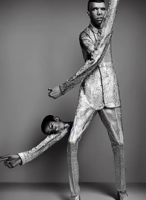 Image similar to a portrait of stromae by gilles berquet, serge lutens, wearing atsuko kudo latex outfit, photorealistic, intricate details, hyper realistic, ', photorealistic, canon r 3, photography, symmetrical features, symmetrical pose, wide angle shot, head to toe, standing pose, feet on the ground,