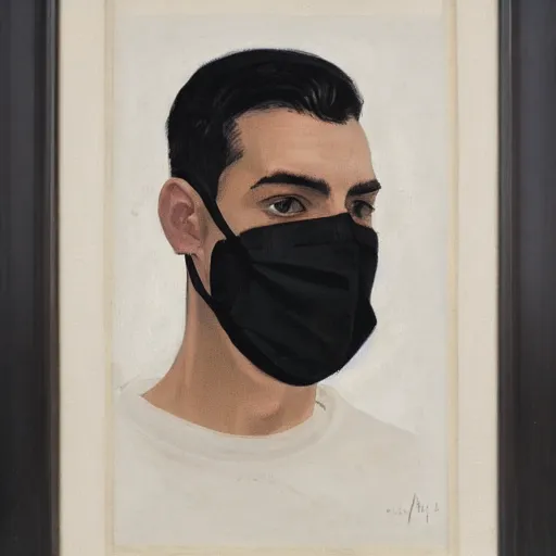 Image similar to portrait of young man wearing black medical mask, style of coby whitmore