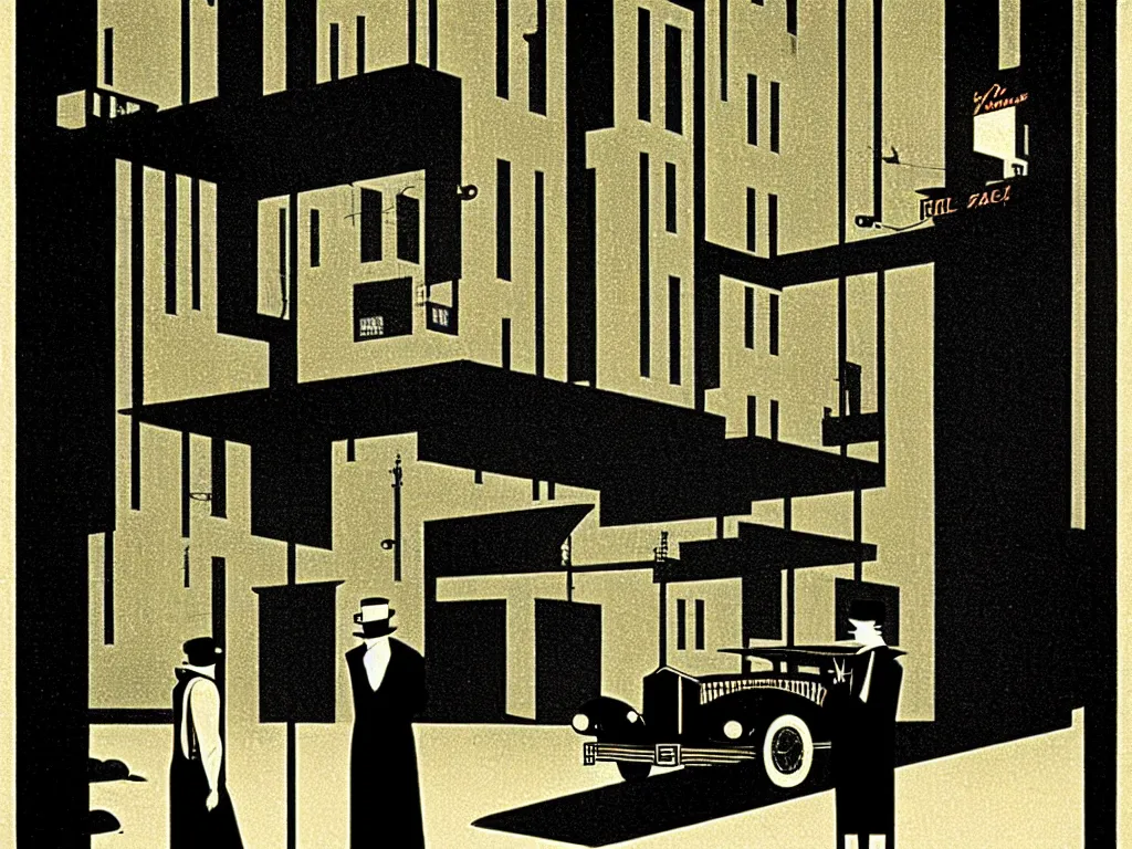 Prompt: two suspicious men in a parked a car in front of a very tall building, desert street, late at night, dimly lit, gangster, film noir, upscale 1920, relaxed poose, art deco, artwork by coles phillips, post processing, intricate, grim yet sparkling atmosphere, cinematic lighting, art nouveau