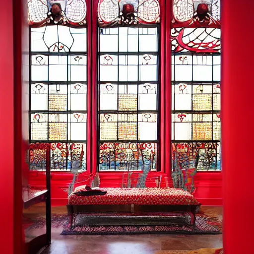 Prompt: a window above allows red light to cast an ornate pattern on the floor below