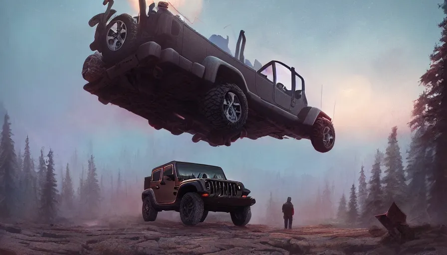 Image similar to single jeep wrangler, tribe members watching nearby, an epic fantasy, dramatic lighting, cinematic, establishing shot, extremely high detail, photorealistic, cinematic lighting, artstation, by simon stalenhag, horizon forbidden west