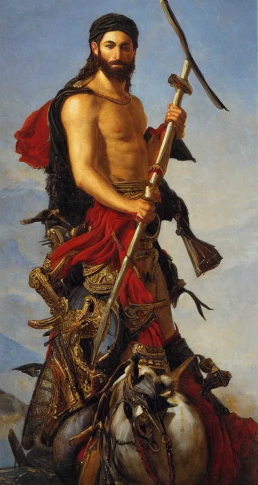 Image similar to orientalist portrait painting of a the great greek warrior achilles with a cormorant on his shoulder, in romantic style, sfumato