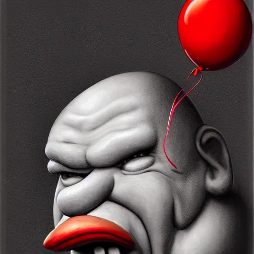 Image similar to surrealism grunge cartoon portrait sketch of clown with a wide smile and a red balloon by - michael karcz, loony toons style, homer simpson style, horror theme, detailed, elegant, intricate