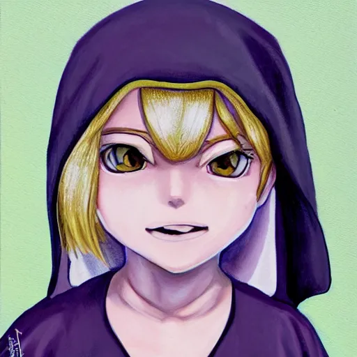 Image similar to little boy wearing nun outfit, blonde hair, blue eyes. purple and black color palate, detailed soft painting, made in abyss art style, anatomically correct