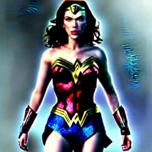 Prompt: scarlett johansson as wonder woman, full body, cinematic, concept art, photo, high detail