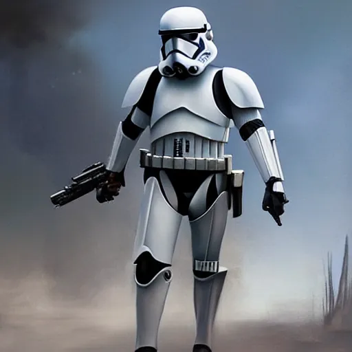 Image similar to an extremely long shot of an imperial stormtrooper in battle position ready to shoot his blaster concept art by Doug Chiang cinematic, realistic painting, high definition, very detailed, extremely high detail, photo realistic, concept art, the Mandalorian concept art style