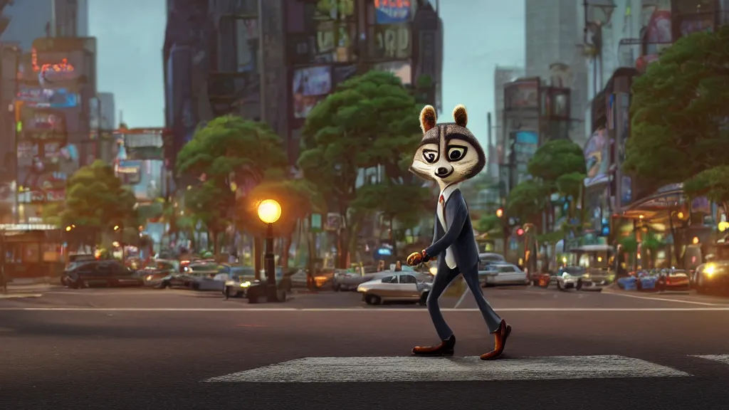 Prompt: An anthropomorphic raccoon businessman is walking down a busy crosswalk at sunset, warm lighting with an orange glow blanketing the cityscape, zootopia, other anthropomorphic characters are walking by him, extremely detailed, HDR, sideview, solemn and moody, many cars and animal people in the background, detailed face and eyes, large and detailed eyes with visible pupils, the ground is wet with many rain puddles, reflections from the water on the ground, shadows are being cast from the cars and people walking around