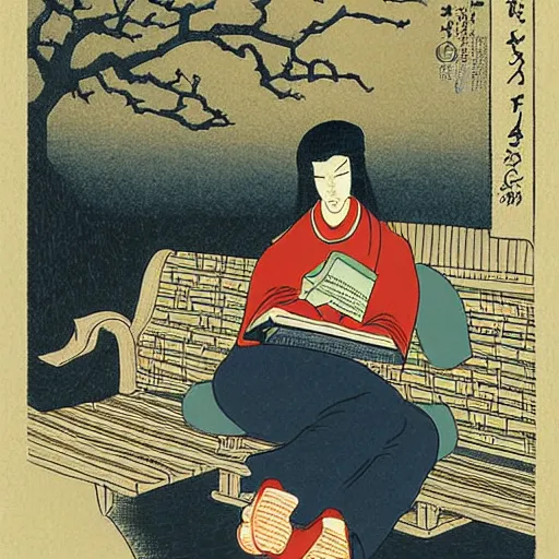 Image similar to a person sitting on a bench reading a book at night, a storybook illustration by steve brodner, deviantart, ukiyo - e, storybook illustration, photo, woodcut