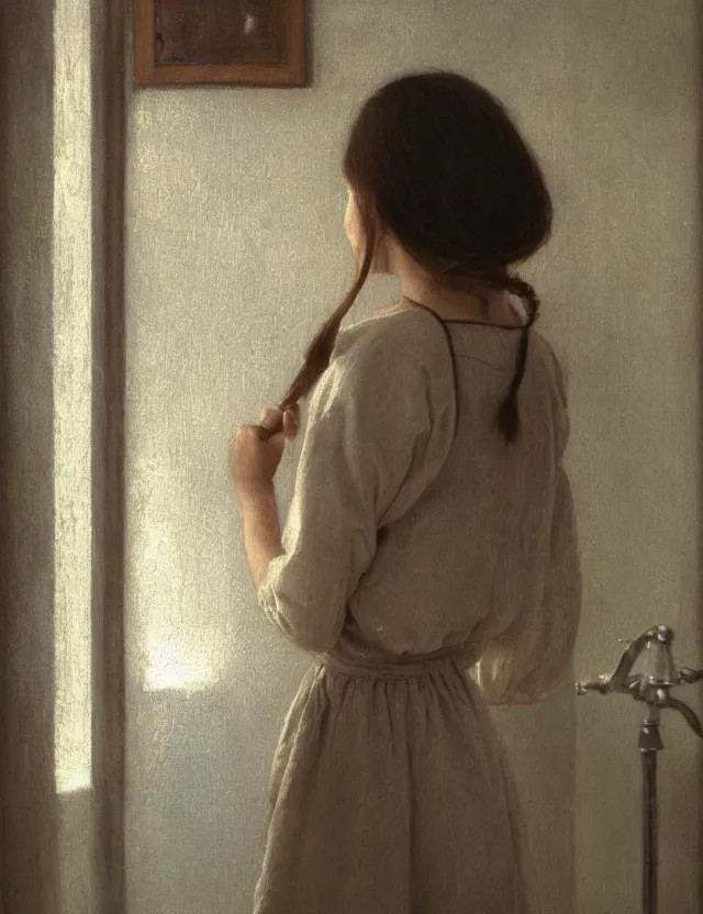 Image similar to portrait of peasant girl brushing her hair in a bathroom, Cinematic focus, Polaroid photo, vintage, neutral colors, soft lights, foggy, by Steve Hanks, by Serov Valentin, by lisa yuskavage, by Andrei Tarkovsky 8k render, detailed, oil on canvas