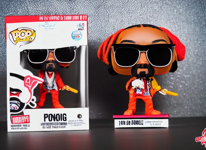 Image similar to product still of Snoop Dogg funko pop with box, 85mm f1.8