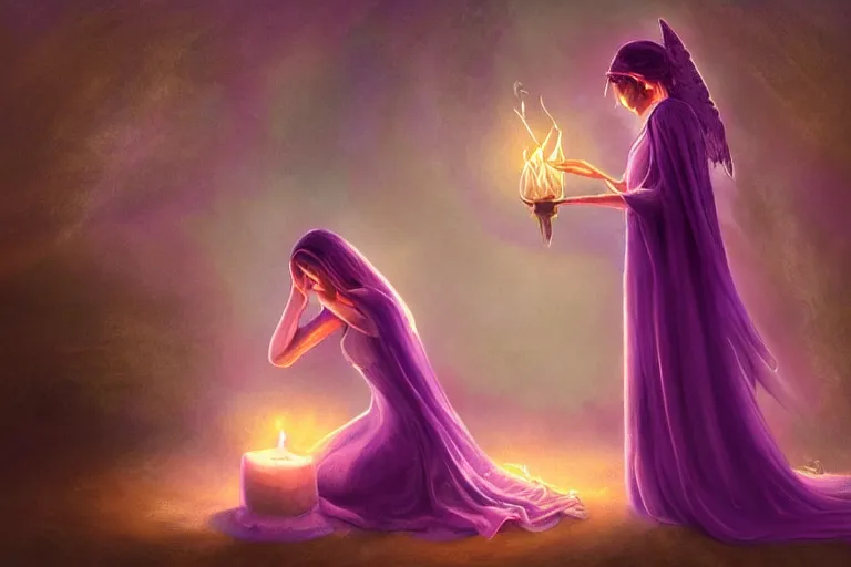 Prompt: a gorgeous woman with an extravagant purple dress kneels before an altar, praying with her head bowed down, illuminated by candlelight, angel wings, high fantasy art, illustrative, digital art, 3 d modeling, light painting, night scene, realistic art, illustration, painted