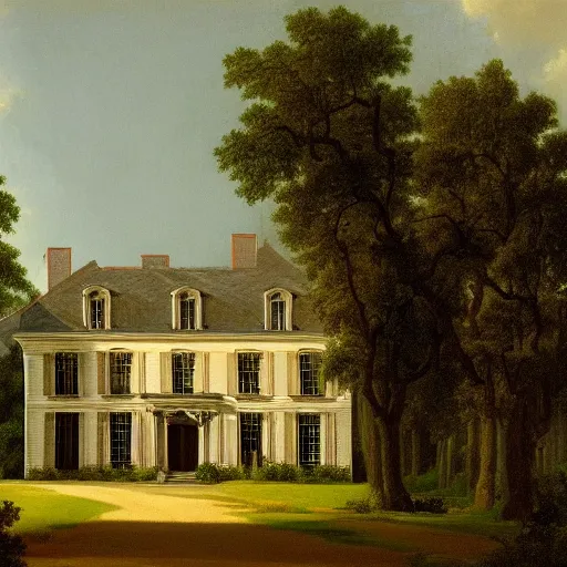 Prompt: a large serene beautiful matte painting of a delapitaded quaint french country mansion covered in vines, by asher brown durand and george ault featured on artstation,