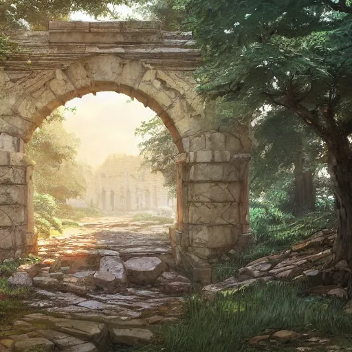 Prompt: concept art painting of an ornate ancient stone archway, in the woods, trees in foreground, realistic, detailed, cel shaded, in the style of makoto shinkai and greg rutkowski and james gurney