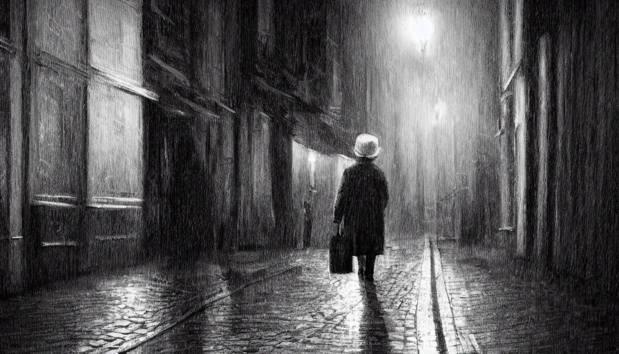 Image similar to Old man with his coat and hat walking In Brussels at night, wet ground, hyperdetailed, artstation, cgsociety, 8k