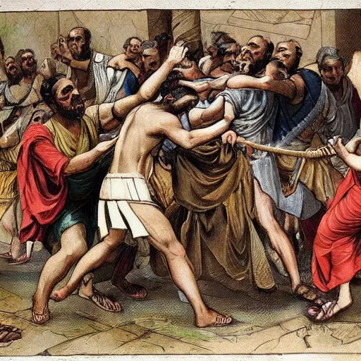 Image similar to ancient greek people fight against people in suits