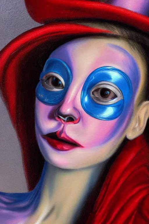 Image similar to hyperrealism oil painting, close - up portrait of commedia dell'arte fashion woman model, gradient mixed with nebula sky, in style of baroque