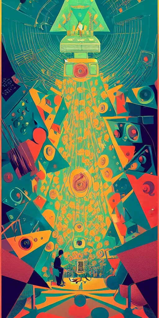 Image similar to giant concert festival speakers, wall of sound, music studio, poster art by victo ngai, ori toor, kilian eng behance contest winner, crystal cubism, poster art, cubism, tarot card, psychedelic art, concert poster, poster art, maximalist