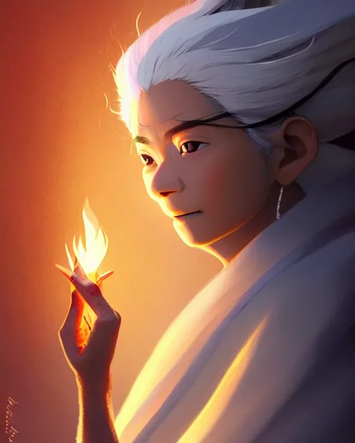 Image similar to himalayan woman, mage, with silver hair, detailed perfect face, exquisite details, fire magic, mid view, design on a white background, by studio muti, greg rutkowski makoto shinkai takashi takeuchi studio ghibli