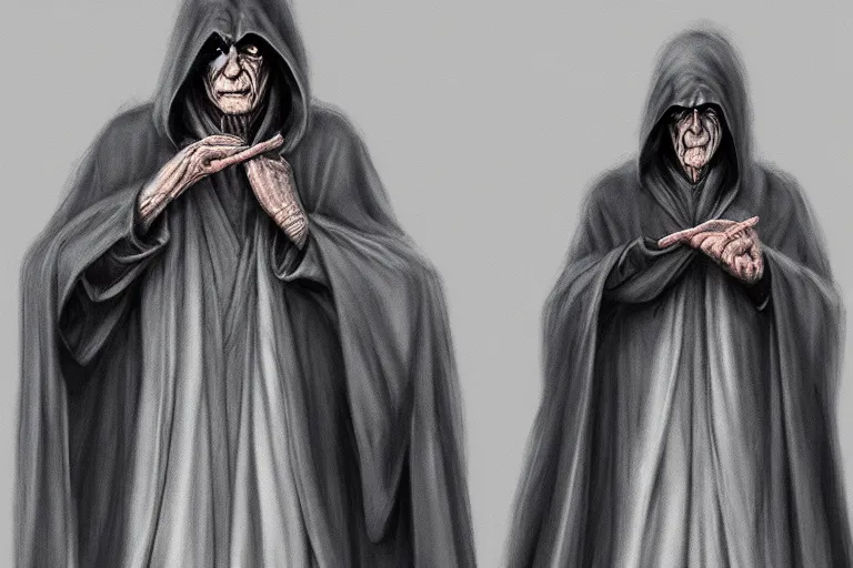 Image similar to emperor palpatine in robes, high detail, digital painting, clear focus, concept art,