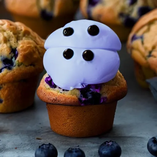 Image similar to photo surreal of a scary spectral ghost eating a blueberry muffin nightmare fuel