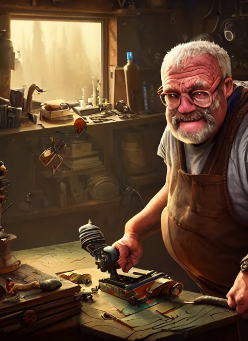 Prompt: An epic fantasy comic book style portrait painting of a an old tinker fat man working on a device in her workshop, unreal 5, DAZ, hyperrealistic, octane render, cosplay, RPG portrait, dynamic lighting