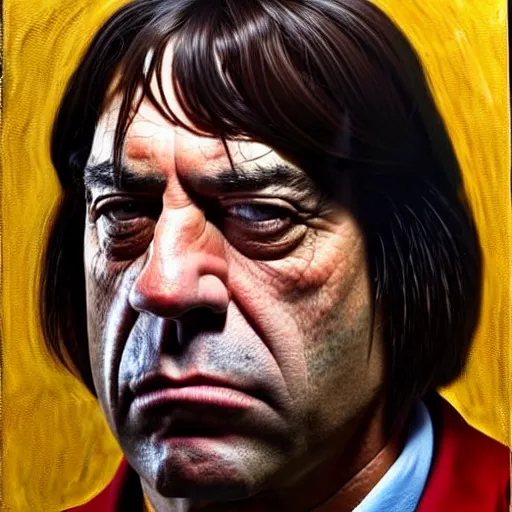Image similar to javier bardem as anton chigurh in no country for old men. neutral menacing stare. oil painting by lucian freud. path traced, highly detailed, high quality