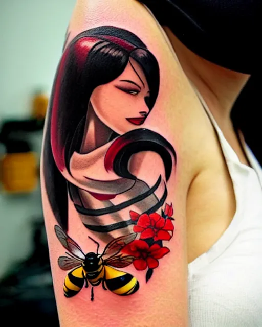 Image similar to a tattoo of bee movie on the face of a woman with crimson - black hair, cute crimson - black bee - themed outfit, cinematic lighting, beautiful composition