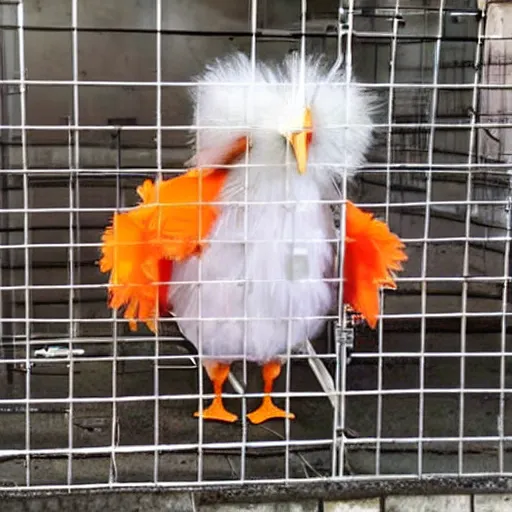 Image similar to cute chicken dressed as an inmate in jail