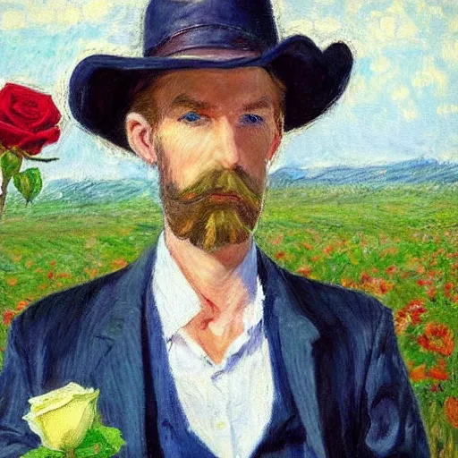 Prompt: an impressionist painting of a tall man with blue eyes that is wearing a wide brim hat and a leather vest. He is holding a revolver in his left hand and a rose is in his right hand. He is standing in a field of roses.