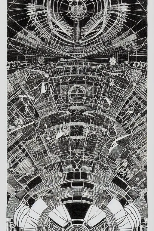 Image similar to a black and white drawing of an ancient future japanese temple international space station, bioluminescence, a detailed mixed media collage by hiroki tsukuda and eduardo paolozzi and ernst haeckel, intricate linework, sketchbook psychedelic doodle comic drawing, geometric, street art, polycount, deconstructivism, matte drawing, academic art, constructivism