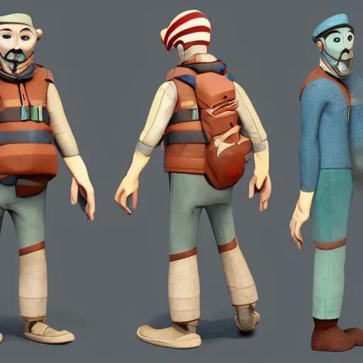 Prompt: character design of a stylized explorer and cartographer in the style of Studio Ghilbi, stylized cartoon texture and modeling 3D, unreal 5, realistic, dynamic lighting, highly detailed