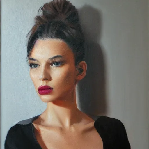 Prompt: fashion model in mirror, hyperrealism oil painting portrait