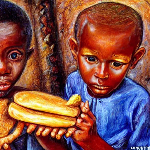 Prompt: oil painting of a malnourished ugandan boy sharing bread with a blond well fed child american, by josephine wall