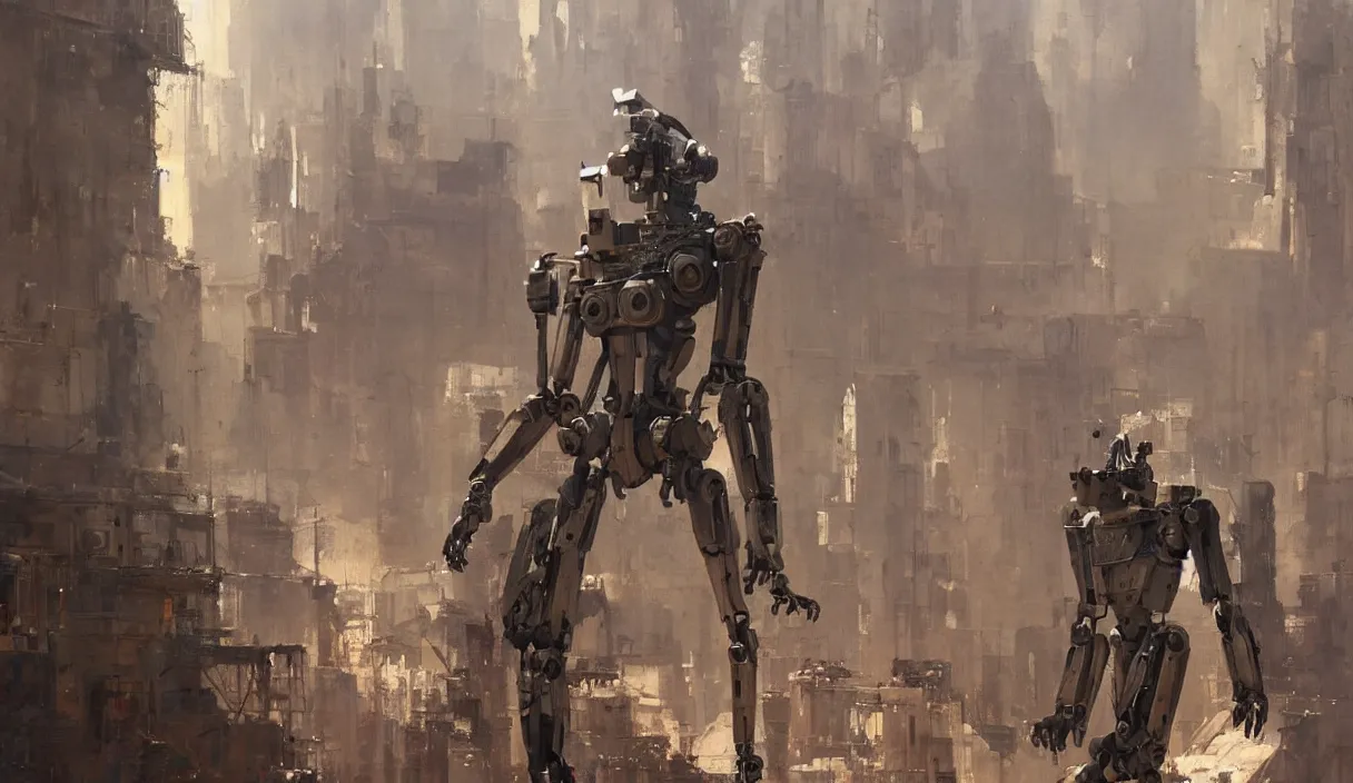 Prompt: Still of a humanoid robot painting on a canvas, high detail, cinematic, , science fiction concept art by Greg Rutkowski and Moebius and Le Corbusier