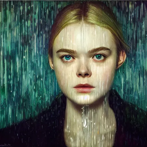 Image similar to Elle Fanning as a hologram in the world of Adam Wyeth, head and shoulders portrait, stormy weather, extremely detailed masterpiece, oil on canvas, low-key neon lighting, artstation, Blade Runner 2049, Roger Deakin’s cinematography, by J. C. Leyendecker and Peter Paul Rubens and Edward Hopper and Michael Sowa,