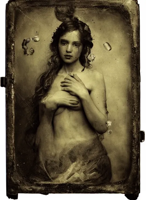 Image similar to old wetplate daguerreotype portrait of birth of venus, explosion of data fragments, fractal, intricate, elegant, highly detailed, parallax, leica, medium format, subsurface scattering, by jheronimus bosch and greg rutkowski and louis jacques mande daguerre