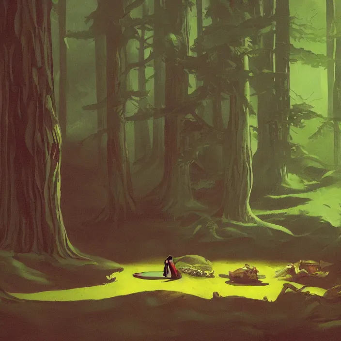 Image similar to fat alien eating slugs in the forest, highly detailed, Edward Hopper and James Gilleard