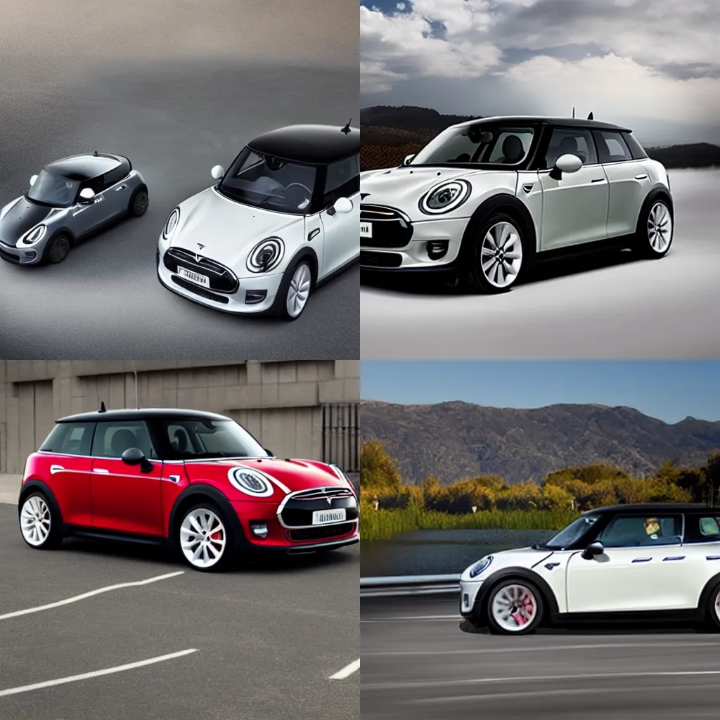 Prompt: A Mini Cooper designed and produced by Tesla, using Tesla design cues, promotional photo