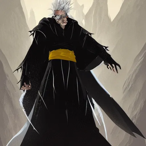 Image similar to a man with spiky white hair and yellow eyes, wearing a black cultist robe, medieval background, highly detailed, digital painting, artstation, matte, by makoto shinkai, animation style, studio ghibli, anime key visual