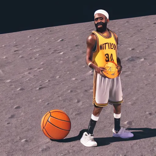 Image similar to Kyrie Irving standing on the moon holding a flat basketball, 4k, ultra realistic, trending on artstation, masterpiece