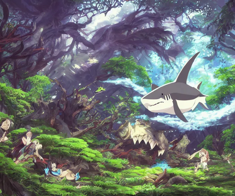 Prompt: shark in a forest, anime fantasy illustration by tomoyuki yamasaki, kyoto studio, madhouse, ufotable, comixwave films, trending on artstation